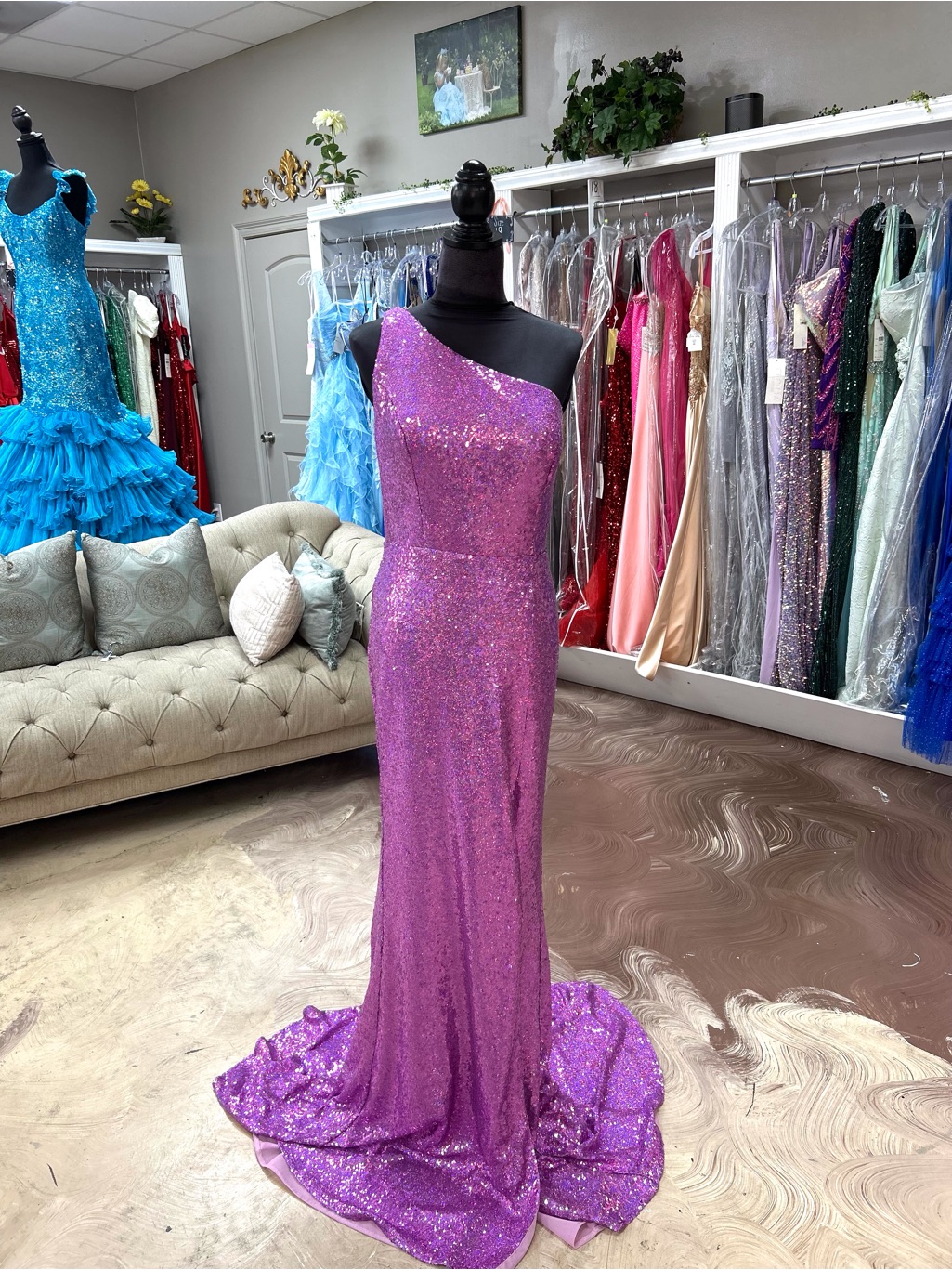 Portia And Scarlett Lilac Sequin One-Shoulder Gown